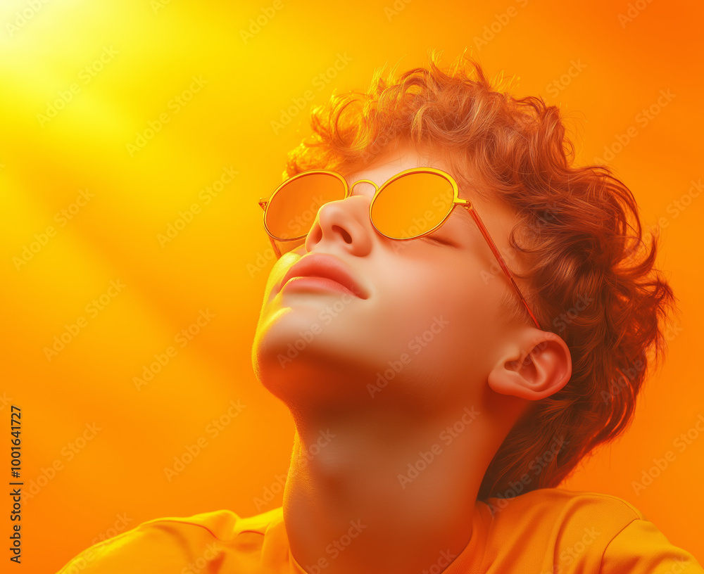 A young person enjoying the warm sunlight while wearing stylish round sunglasses outdoors A young person enjoying the warm sunlight while wearing stylish round sunglasses outdoors