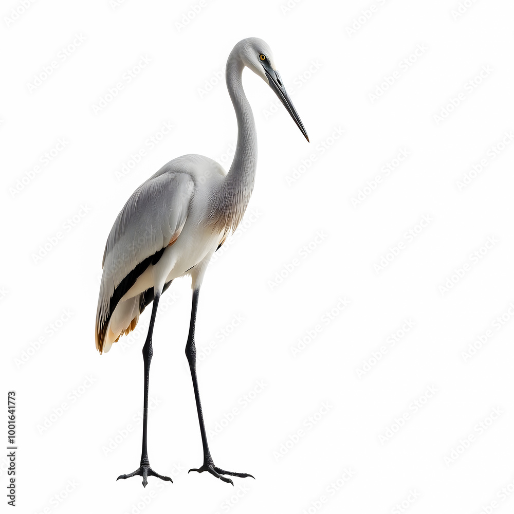 Egret standing isolated on white background, 