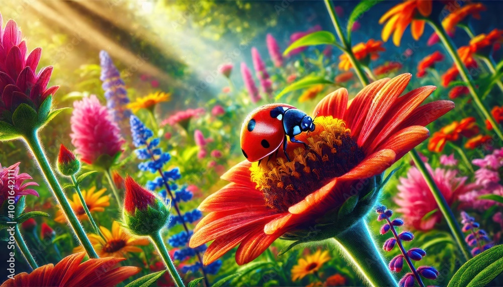 Ladybug sits on a flower amidst a vibrant wildflower field in bloom Ladybug sits on a flower amidst a vibrant wildflower field in bloom