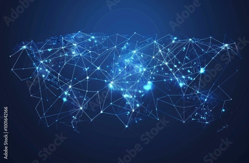 Abstract digital world map with global network connections on a blue background, symbolizing connectivity and online communication technology. The concept of the internet connecting people across cont