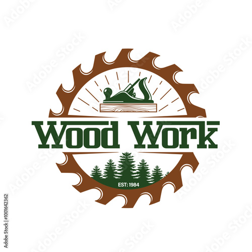 Wood work logo design with saw and carpenter icon