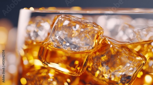 Close-up of a whiskey glass with large ice cubes and amber liquid highlighting reflections photorealistic, super macro shot 