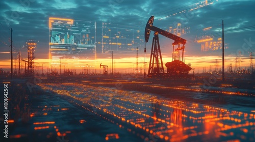 A pumpjack field at dawn, with a digital holographic display illuminating operational metrics, conveying a sense of hope and innovation in energy management.