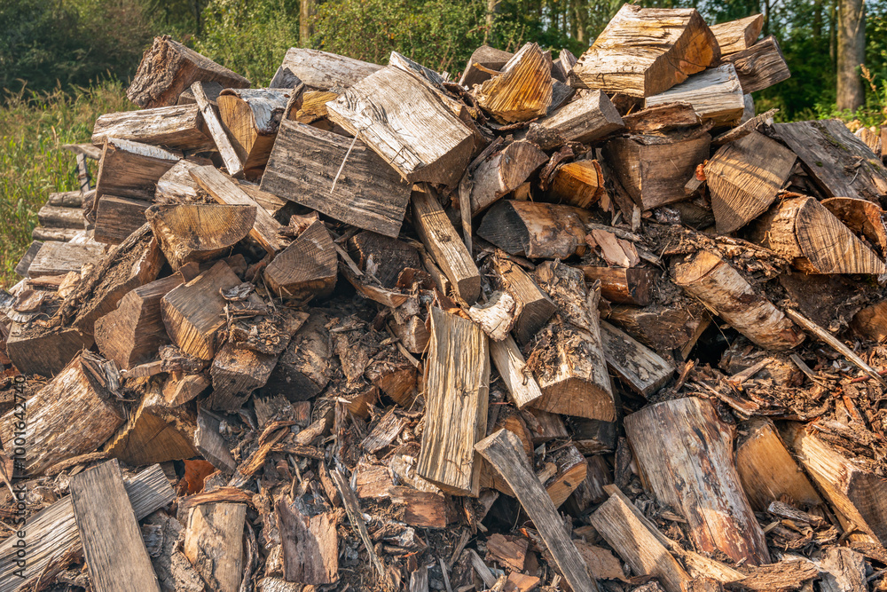 Large pile of split wood at the edge of a Dutch forest in the fall season waiting for transport. Large pile of split wood at the edge of a Dutch forest in the fall season waiting for transport.