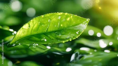 Close-up of freshly brewed green tea with a floating tea leaf and golden liquid photorealistic detail, super macro shot  photo