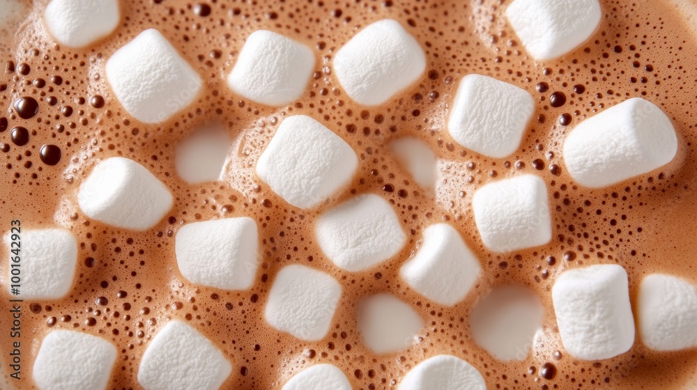Close-up of hot chocolate topped with melting marshmallows showing the frothy, creamy surface photorealistic, super macro shot Close-up of hot chocolate topped with melting marshmallows showing the frothy, creamy surface photorealistic, super macro shot