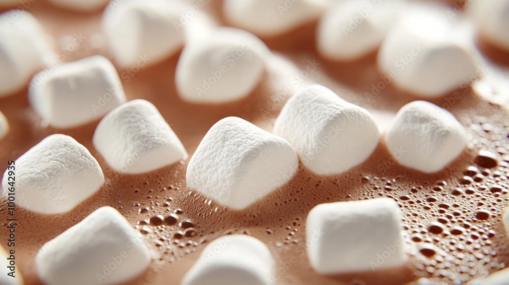 Close-up of hot chocolate topped with melting marshmallows showing the frothy, creamy surface photorealistic, super macro shot Close-up of hot chocolate topped with melting marshmallows showing the frothy, creamy surface photorealistic, super macro shot