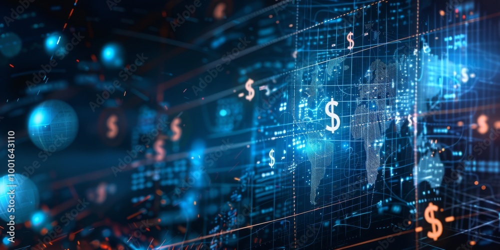 Digital background featuring global digital financial elements with a blue and black color scheme. The composition includes dollar signs, charts, graphs, and earth iconography with an overall dark the Digital background featuring global digital financial elements with a blue and black color scheme. The composition includes dollar signs, charts, graphs, and earth iconography with an overall dark the