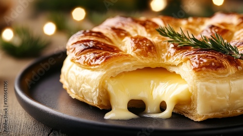 Close-up of soft baked brie with melted cheese oozing from golden pastry crust winter appetizer, super macro shot 