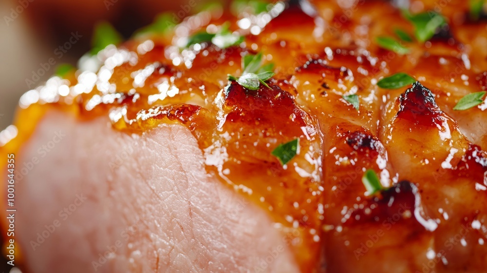 Glazed roasted ham with cloves pressed into the crispy edges holiday meal with shiny texture, super macro shot Glazed roasted ham with cloves pressed into the crispy edges holiday meal with shiny texture, super macro shot
