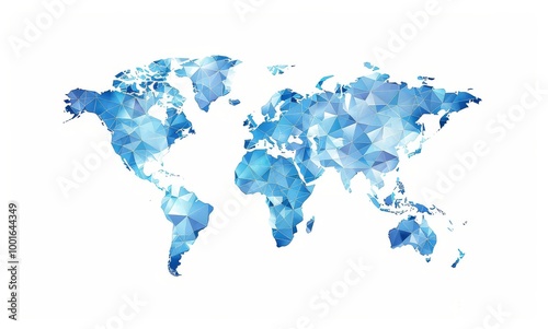 Vector illustration of a world map made from blue triangles on a white background, using simple shapes in a low poly style, in the clip art vector graphics and flat design aesthetic, at a high resolut photo