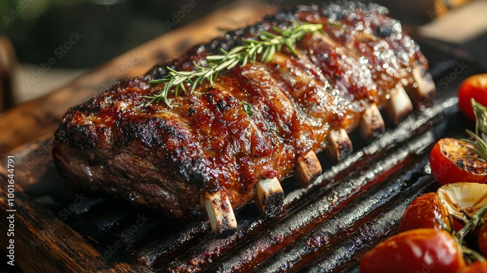 Grilled barbecue ribs with rosemary on a rustic grill Grilled barbecue ribs with rosemary on a rustic grill