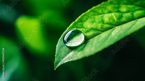 Macro of a single water droplet sliding down a bright green leaf vivid photorealistic nature, super macro shot  photo