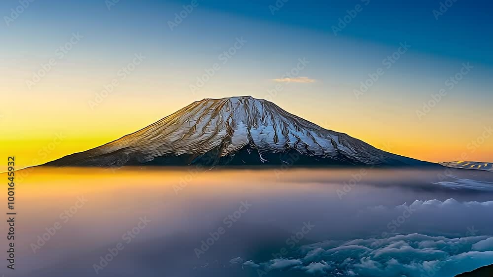 Majestic Snow-Capped Mountain Peaking Above Sea of Clouds at Sunrise Majestic Snow-Capped Mountain Peaking Above Sea of Clouds at Sunrise