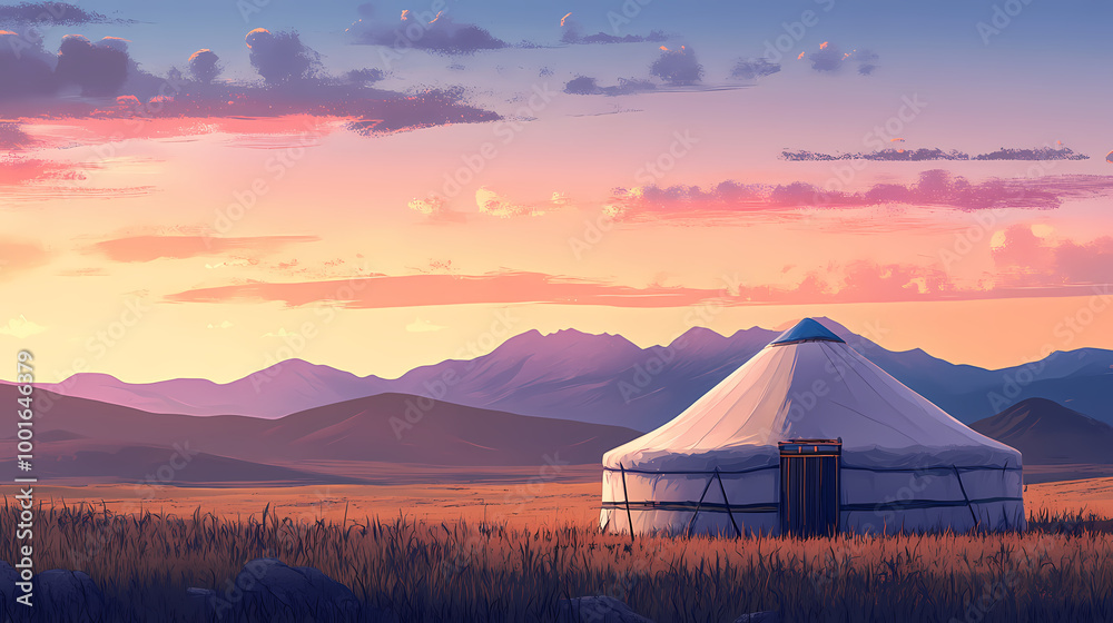 Traditional mongolian yurt in a mountain landscape at sunset. Mongolian Steppes. Illustration Traditional mongolian yurt in a mountain landscape at sunset. Mongolian Steppes. Illustration