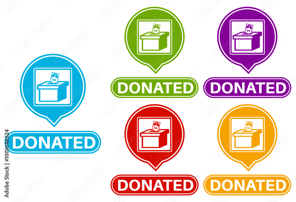 set donated sign symbol. Money donation box label design template vector illustration set donated sign symbol. Money donation box label design template vector illustration