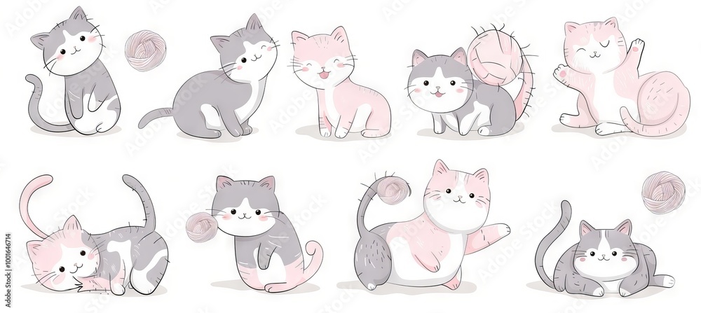 A set of cute cat illustrations in pink and gray colors with simple lines on a white background. The illustrations show cats playing with yarn balls in different poses with pink and cream tones. The i A set of cute cat illustrations in pink and gray colors with simple lines on a white background. The illustrations show cats playing with yarn balls in different poses with pink and cream tones. The i
