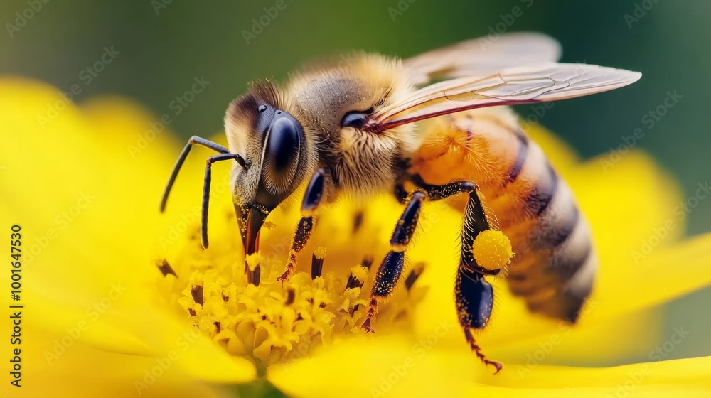 Photorealistic macro of a honeybee collecting pollen from a vivid yellow flower nature detail, super macro shot Photorealistic macro of a honeybee collecting pollen from a vivid yellow flower nature detail, super macro shot