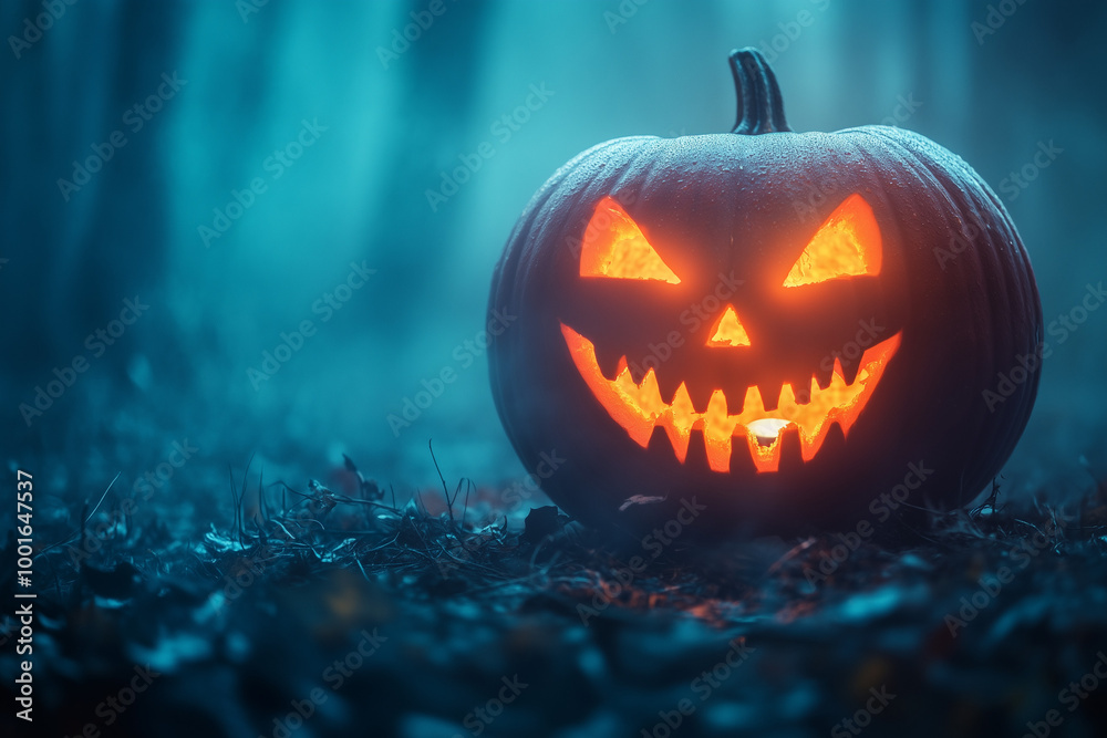 Naklejka premium Halloween pumpkin with glowing eyes