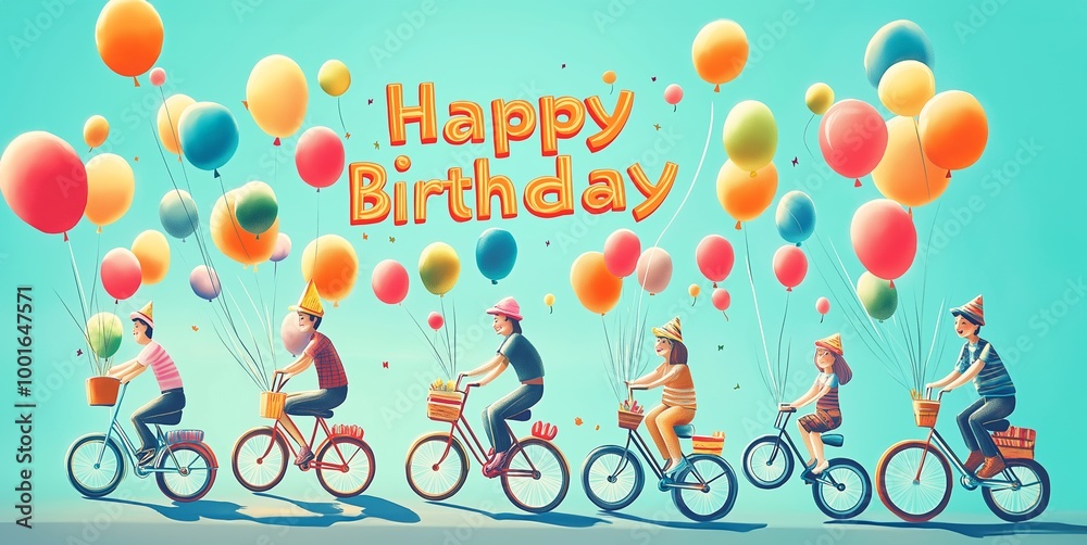 Obraz premium Colorful birthday parade with friends riding bikes and holding balloons, illustrated in a lively, hand-drawn style, perfect for a fun and festive celebration, copy space, selective focus