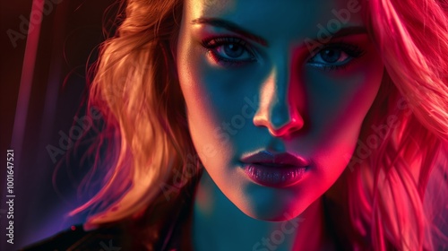 Woman looking serious with blonde hair. Cinematic portrait bathed with vibrant neon lights. Perfect for art print, poster, cover, book illustration and advertising