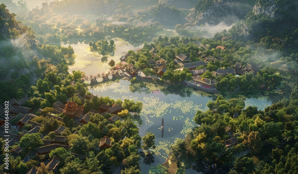 A top-down view of an idyllic village, nestled in the mountains surrounded by lush greenery and water bodies with lily pads. The scene includes traditional wooden houses, rivers, streams, lakes, fores A top-down view of an idyllic village, nestled in the mountains surrounded by lush greenery and water bodies with lily pads. The scene includes traditional wooden houses, rivers, streams, lakes, fores