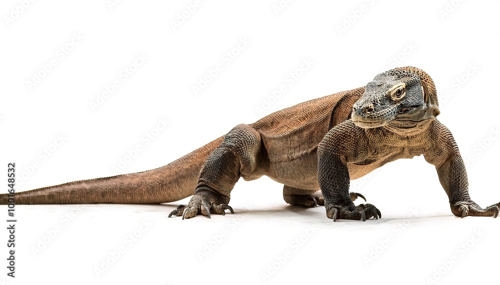 Obraz premium Komodo dragon monitor lizard - Varanus komodoensis - is a member of the family Varanidae that is endemic to the Indonesian islands of Komodo, Rinca, Flores, and Gili Motang head shot isolated on white