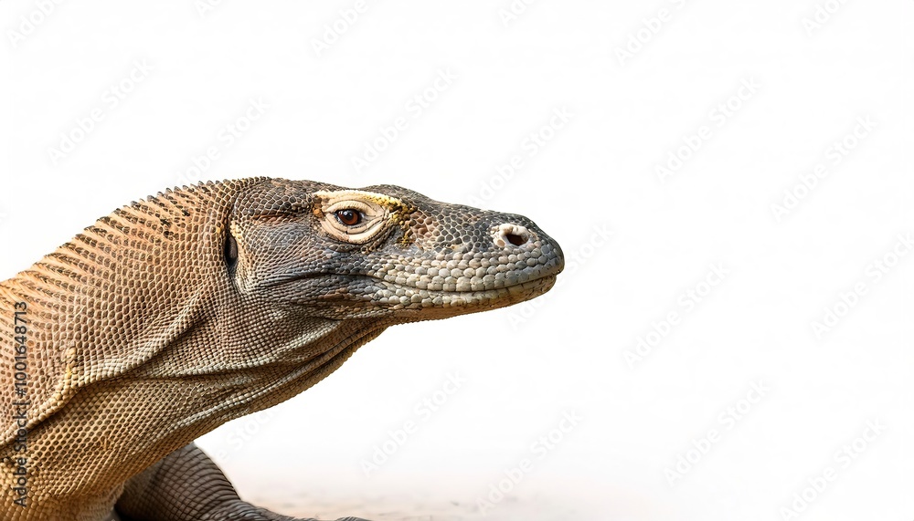 Obraz premium Komodo dragon monitor lizard - Varanus komodoensis - is a member of the family Varanidae that is endemic to the Indonesian islands of Komodo, Rinca, Flores, and Gili Motang head shot isolated on white