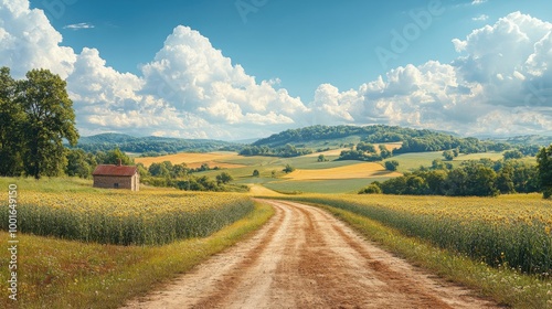 Countryside Path: A Serene Journey through Rolling Fields and Blue Skies