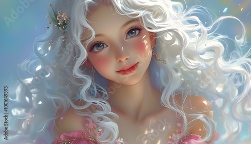 Ethereal Anime Dreamscape of a Girl with Long White Curls and a Radiant Smile in a Charming Summer Dress