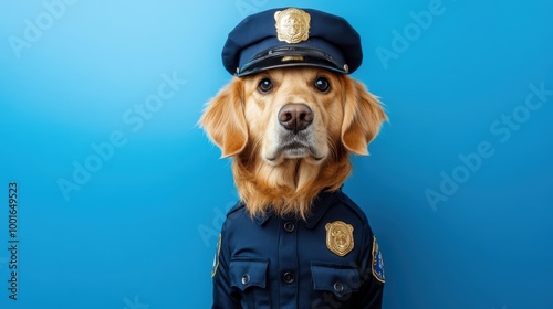 Dog Dressed as Police Officer in Blue Background