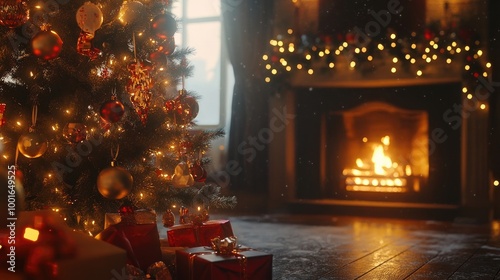 Christmas Tree with Decorations Near a Fireplace with Lights