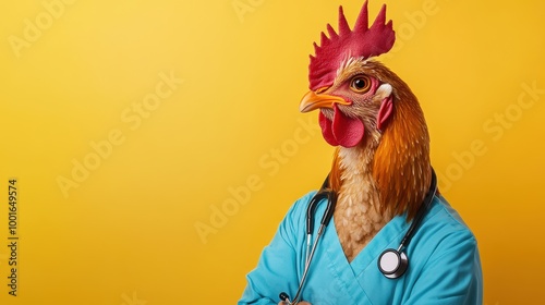 Chicken in Nurse Outfit with Stethoscope on Yellow Background