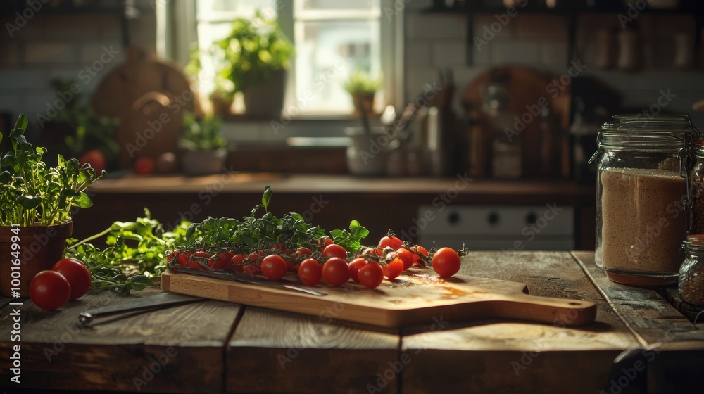 Fresh cherry tomatoes and herbs on a wooden kitchen counter Fresh cherry tomatoes and herbs on a wooden kitchen counter