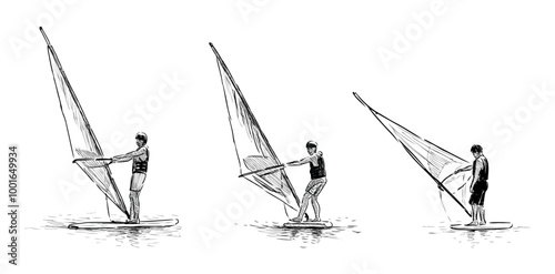 Sketch of windsurfers under sails in sea, realistic hand drawing, vector illustration isolated on white
