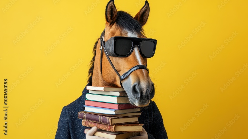 Horse Dressed as Librarian with Books and Sunglasses Horse Dressed as Librarian with Books and Sunglasses