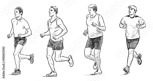Sketch of casual city men on wellness running, realistic outline drawing, vector illustration isolated on white