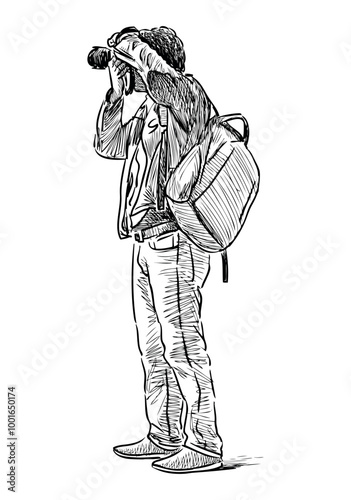 Sketch of casual citizen tourist with backpack standing and photographing on camera, side view realistic hand drawing, vector illustration
