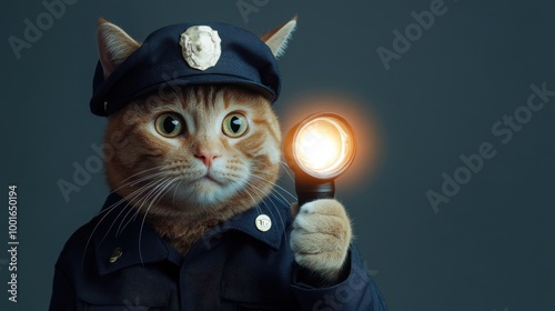 Cat in Security Guard Uniform Holding Flashlight