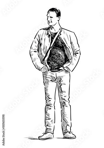 Sketch of casual citizen man standing and looking in waiting outdoors alone, realistic hand drawing, vector illustration