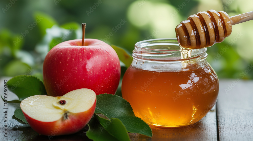 apple and honey on table apple and honey on table