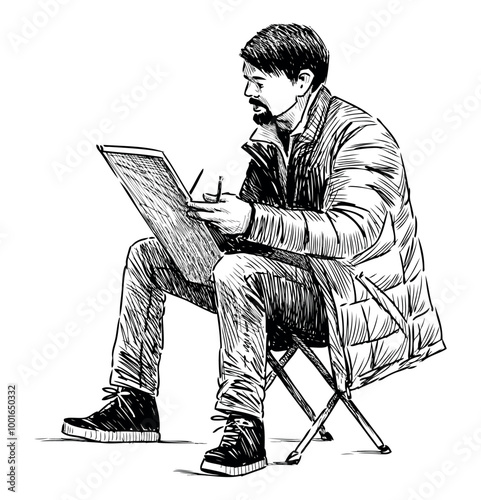 Hand drawn illustration of artist sitting outdoors and sketching, realistic vector drawing isolated on white