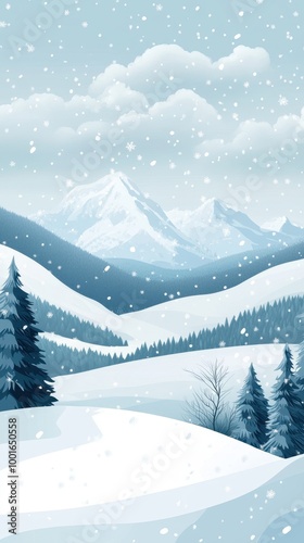 Light snow blankets the mountain peaks while snowflakes fall softly from the overcast sky