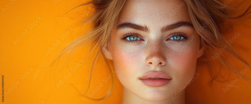 Close-up portrait of a young woman with freckles and blue eyes Close-up portrait of a young woman with freckles and blue eyes