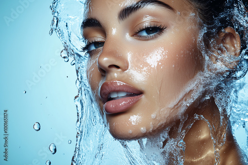 Fashion commercial advertisement. Radiant natural skin woman with water splashing pouring down her face for facial wash skincare ad, blue background 