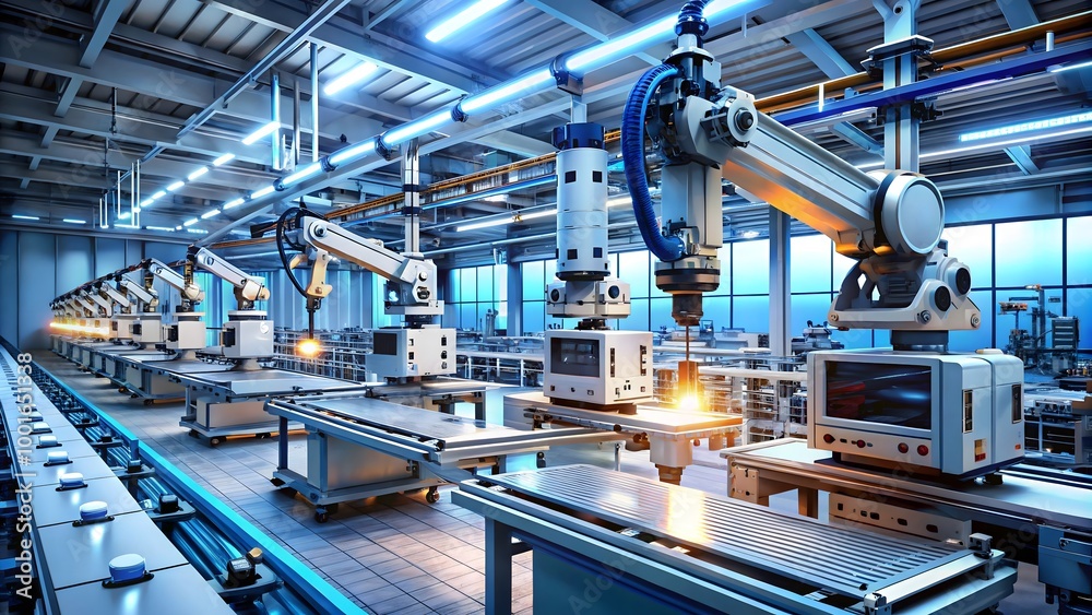 Futuristic automated system assembling high-tech components Futuristic automated system assembling high-tech components