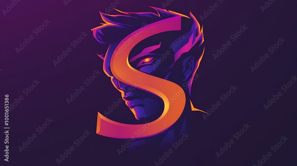 Obraz premium Abstract Neon S Letter with a Face Graphic Design