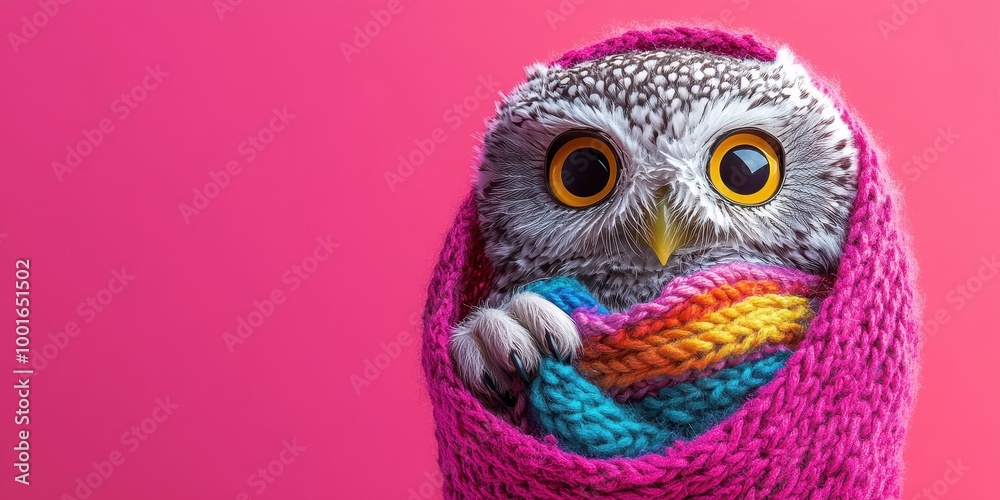 Fototapeta premium Colorful Owl in a Knitted Scarf