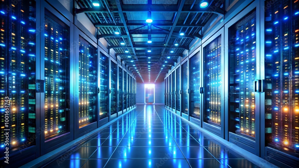 High-tech server room with glowing lights symbolizing data transfer High-tech server room with glowing lights symbolizing data transfer