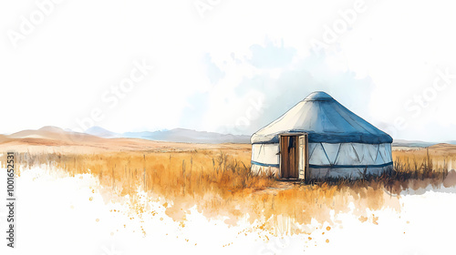 Watercolor painting of a mongolian yurt on the vast steppe, on isolated white background. Mongolian Steppes. Illustration